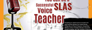 A red vintage microphone and text promoting becoming a successful SLAS voice teacher, with musical notes in the background.
