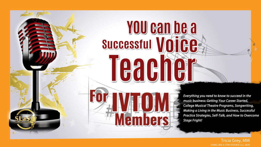 A red vintage microphone beside text about becoming a successful voice teacher for IVTOM members, with a list of topics covered.